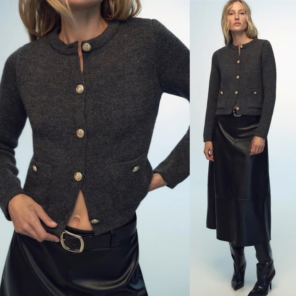 Zara Charcoal Grey Gold Button Cardigan